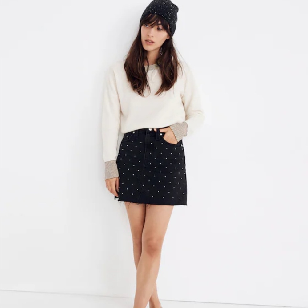 Madewell Rigid Denim A-Line Mini Skirt: Metallic Dots Edition, size 32